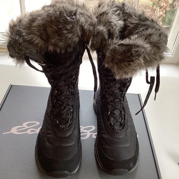 Eddie Bauer Women’s Microtherm II Tall Winter Black Boots Faux Fur Trim Laces - Picture 8 of 15